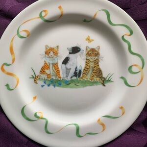 Ceramic Plate “Kitten Kapers“ with 3 Cats, a Butterfly & Colorful Ribbon